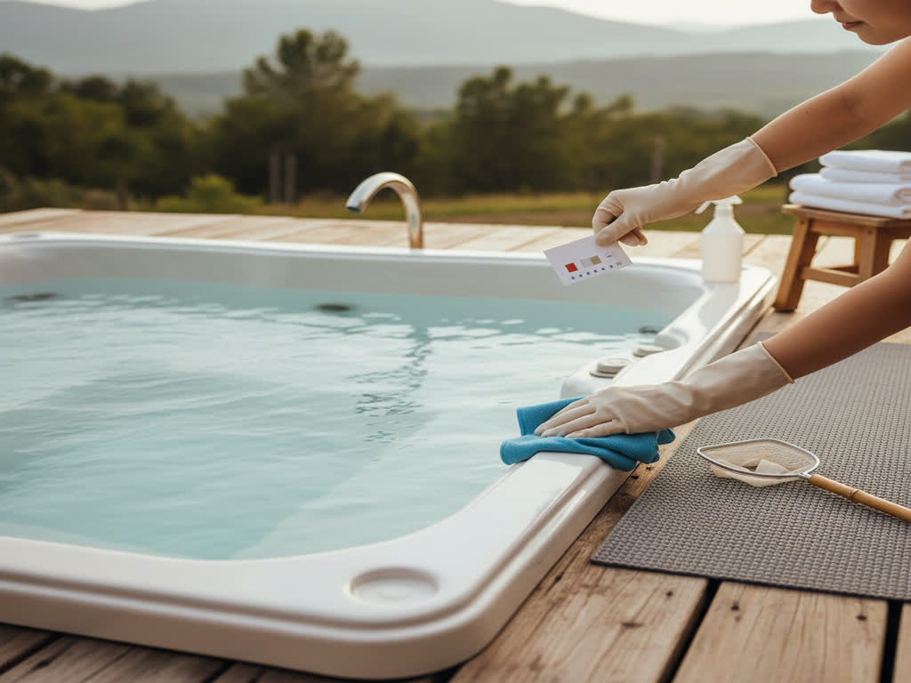 Anfitrión limpiando los jets y midiendo pH de un jacuzzi
