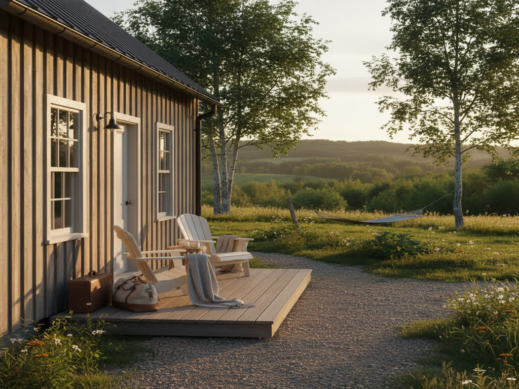 Familia descansando en terraza de casa campestre con montañas y chimenea exterior