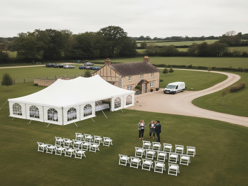 Montaje de evento en finca: distribución de salón, pista y catering con carpas y señalización